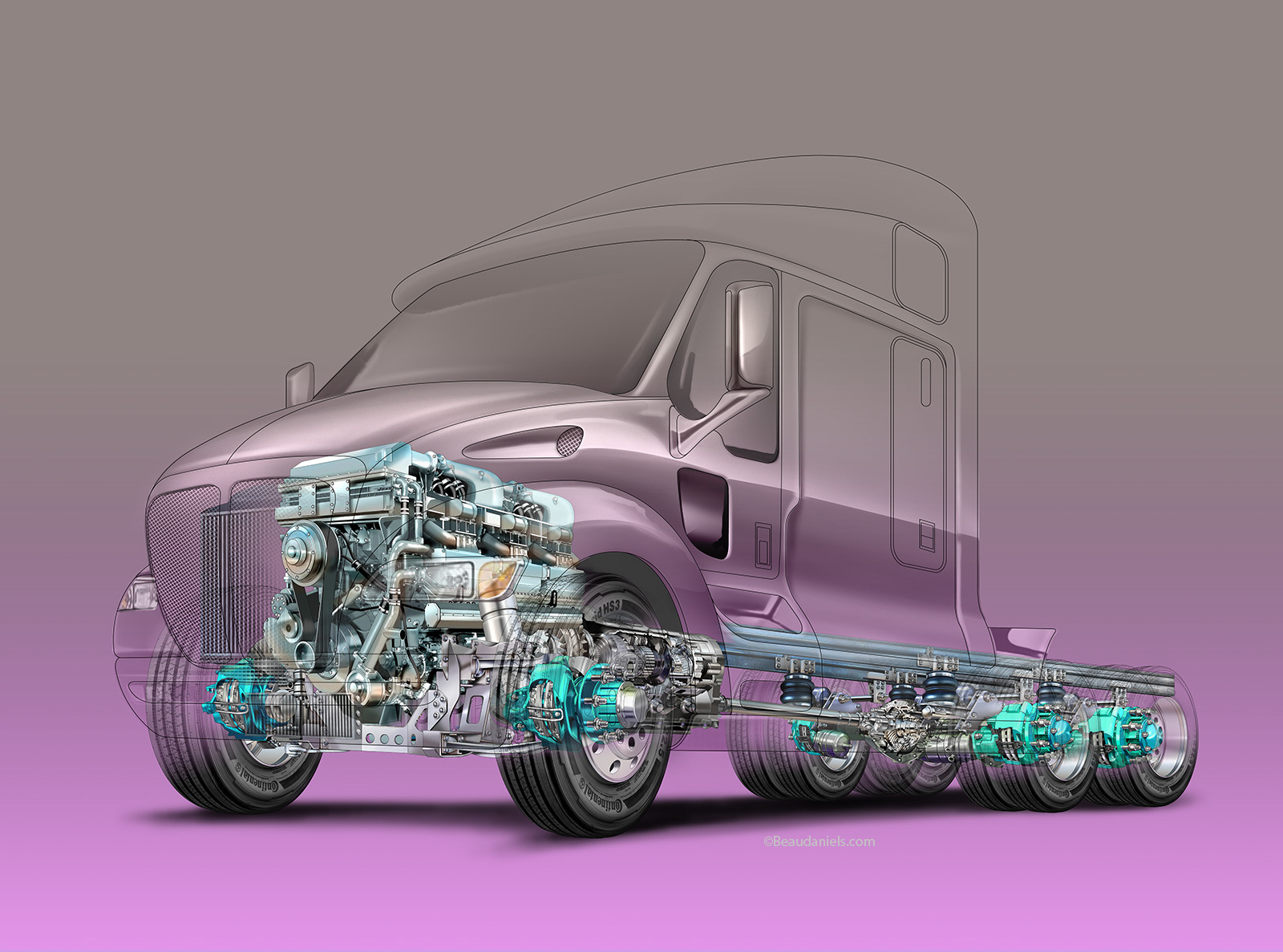 Semi-truck, generic ghosted technical illustration