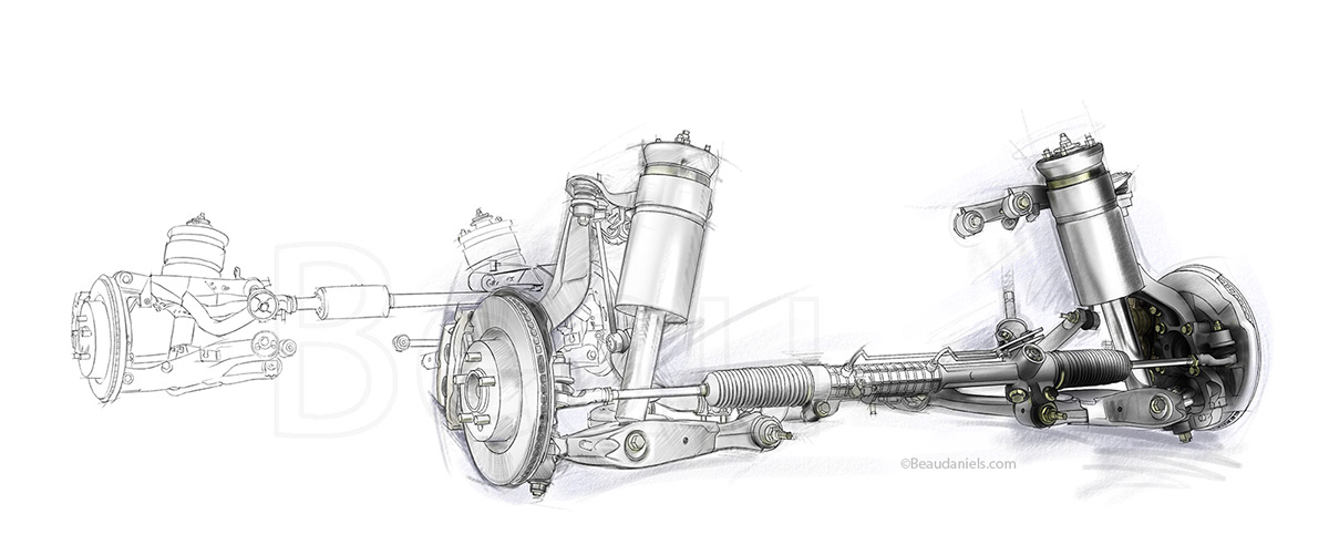 Technical illustration, Beau and Alan Daniels. Car suspensions