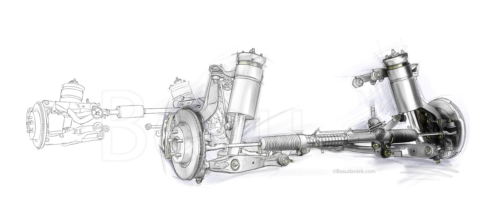 Landrover suspension, sketch style technical illustration.
