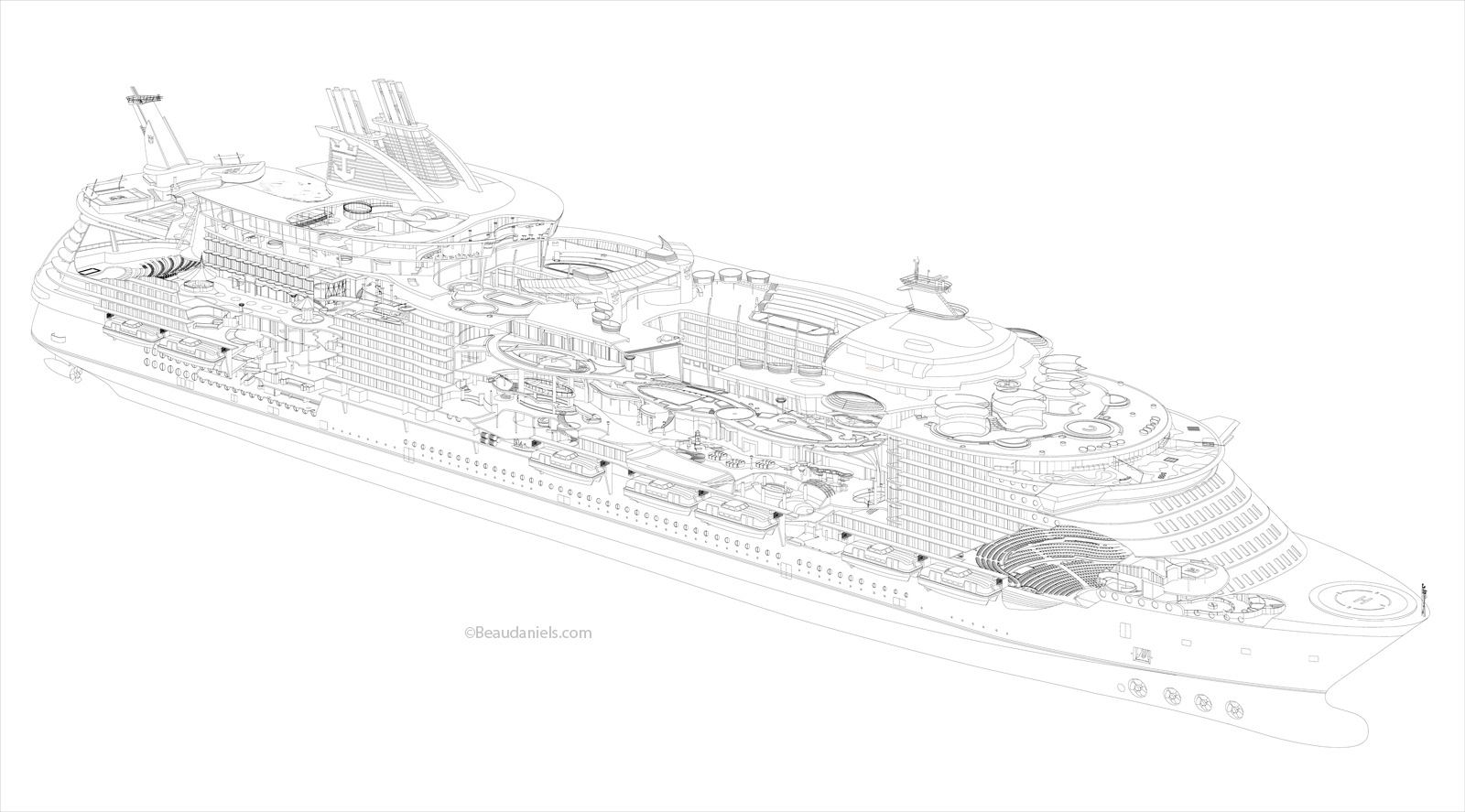 Royal Caribbean, Oasis of the Seas, cutaway illustration. Line art in Adobe Illustrator