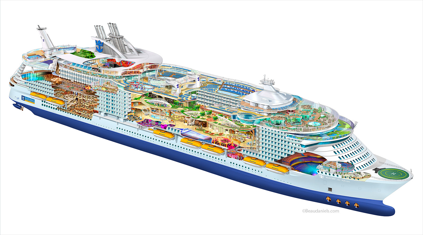Royal Caribbean Cruise line, Allure of the Seas, cutaway technical illustration.