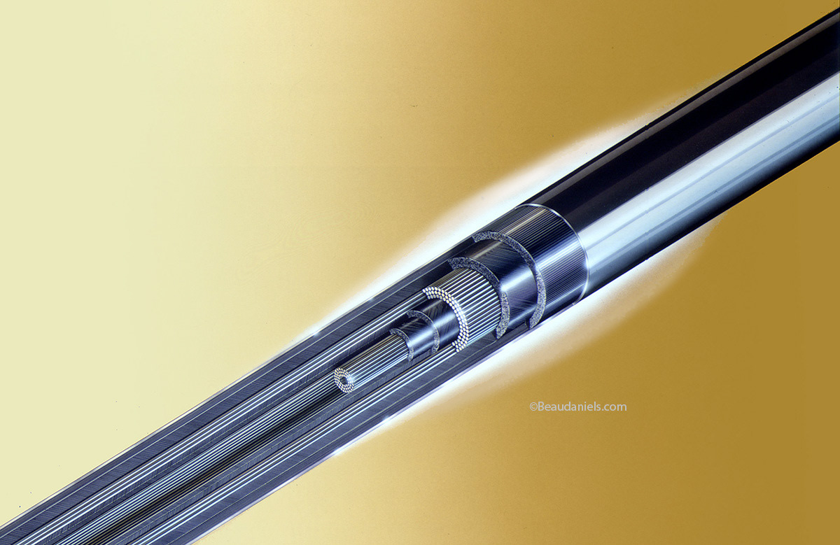 Golf shaft, traditional airbrush on film cutaway illustration.
