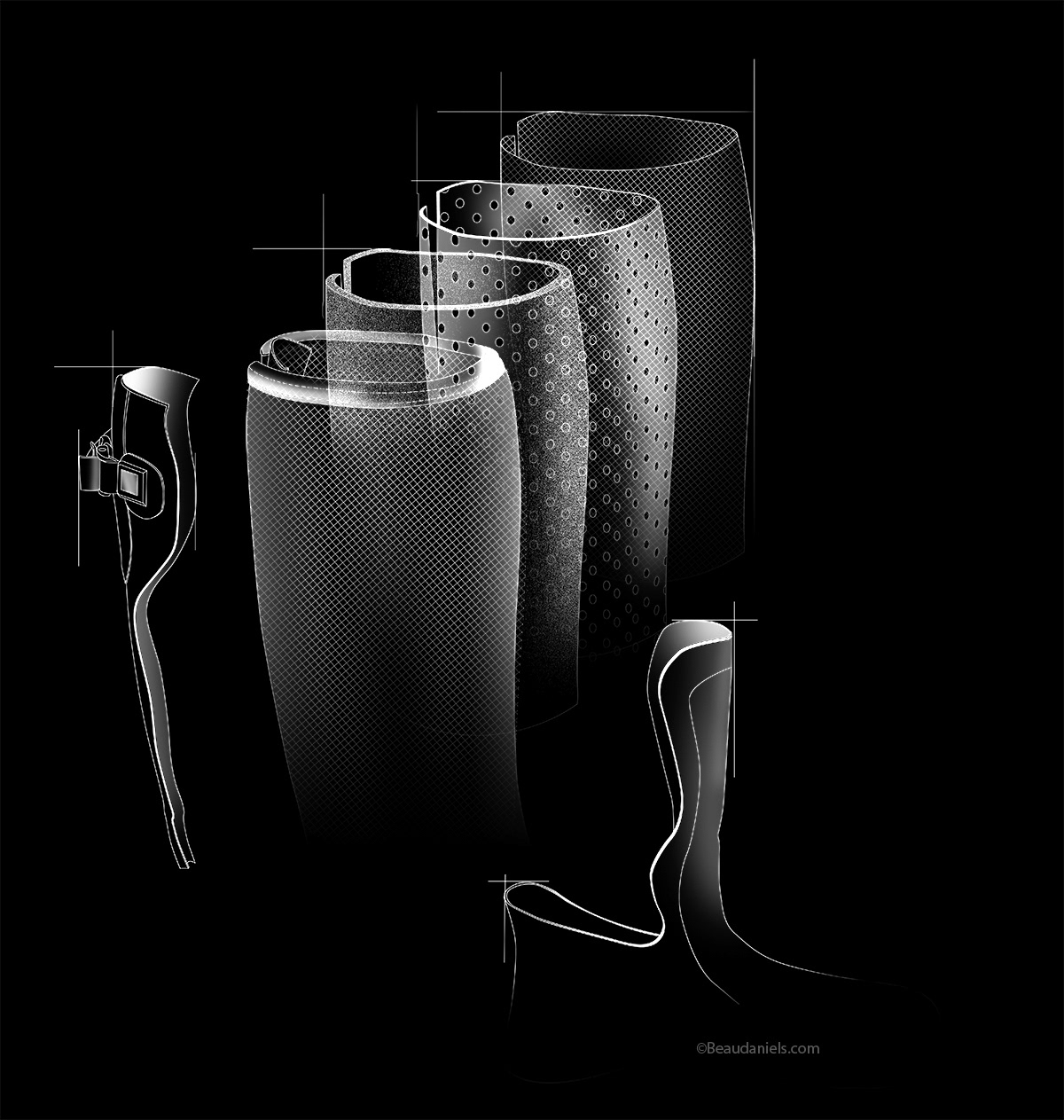 La Crosse, technical exploded style illustration to show the layers of construction that aid in air circulation.