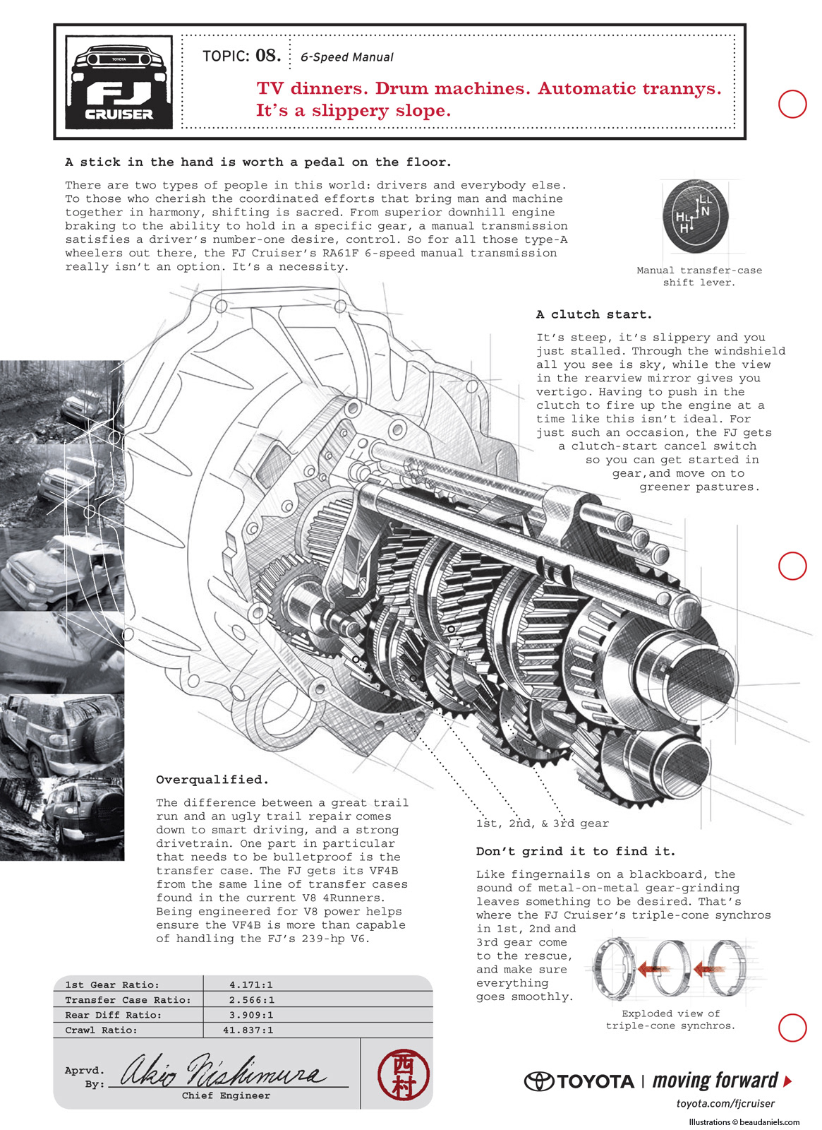 FJ Cruiser Ads. Cutaway style technical illustration of a Toyota FJ cruiser 6-speed transmission.