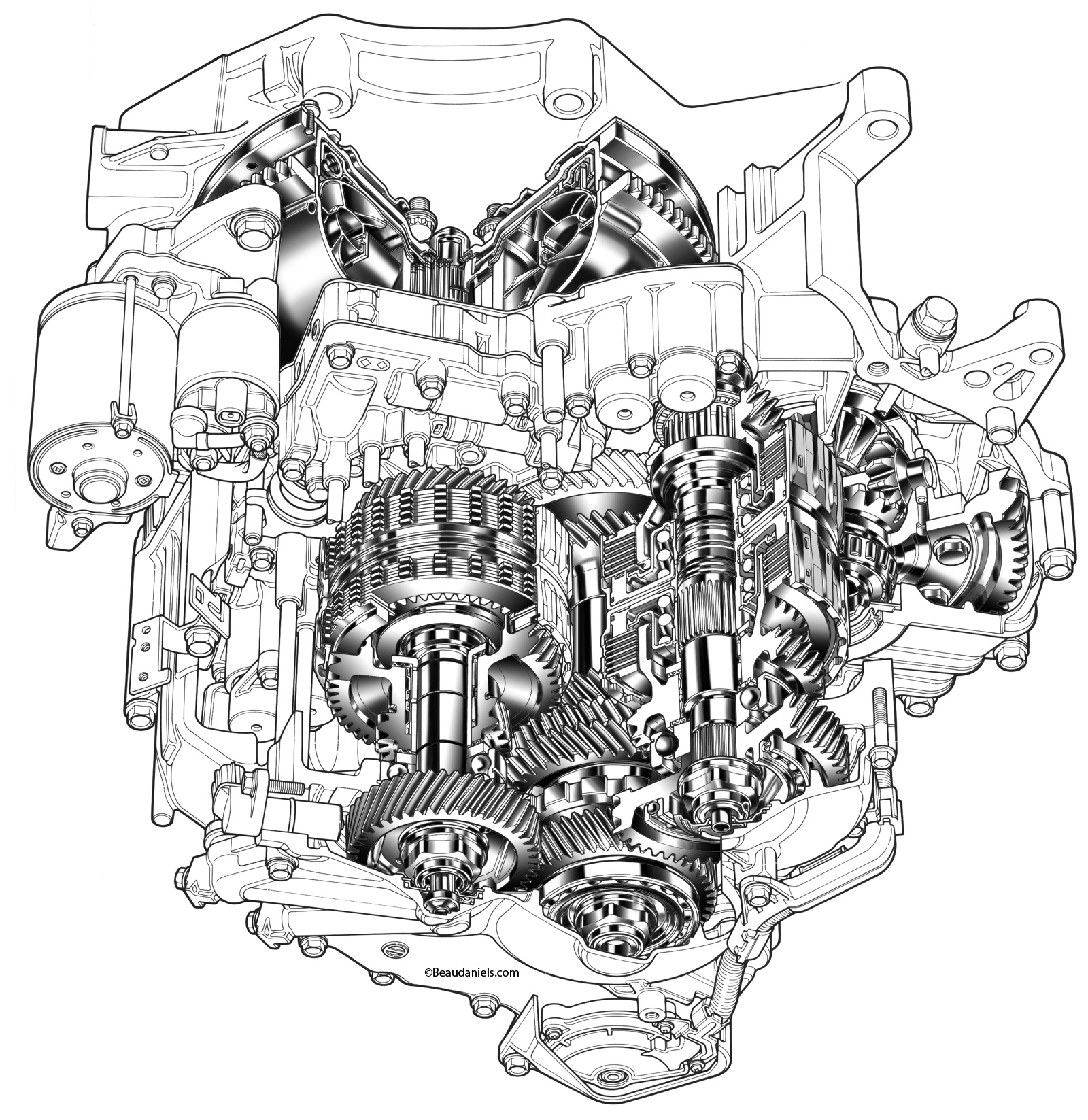 Technical illustration, Beau and Alan Daniels. Car transmission