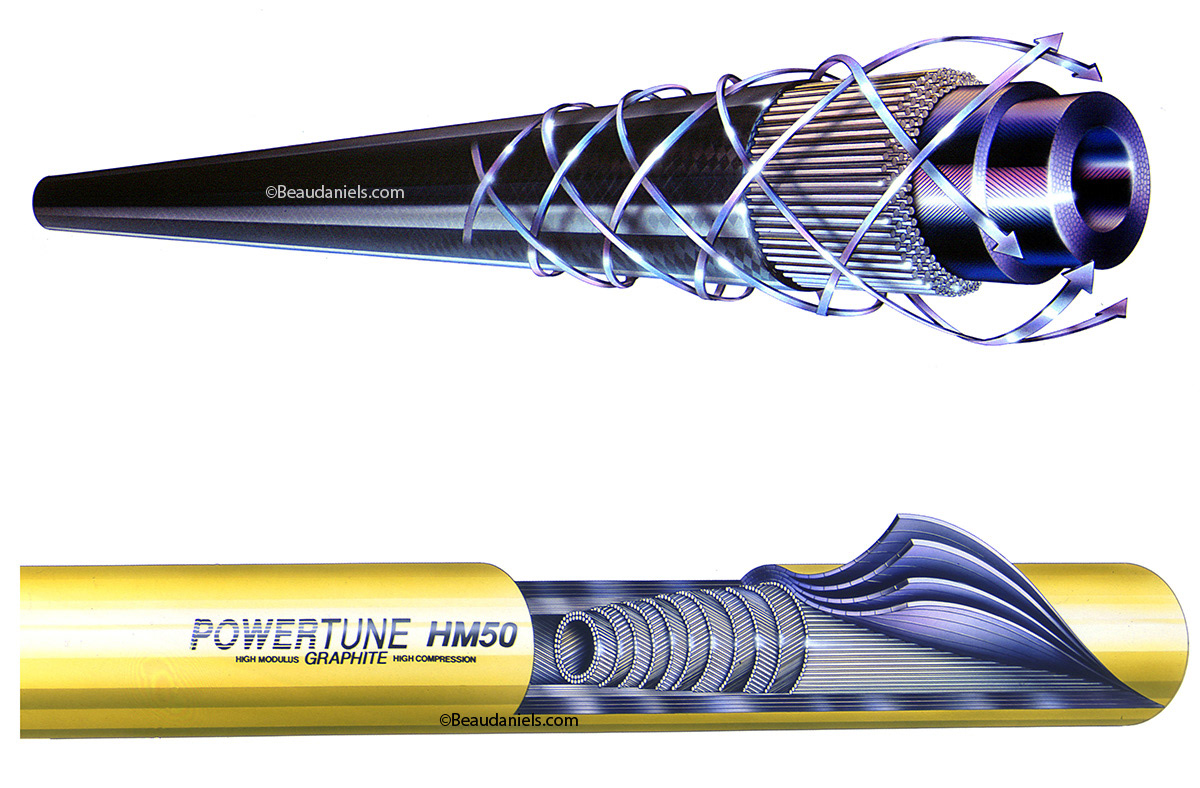 Golf shafts, traditional airbrush on film cutaway illustration.