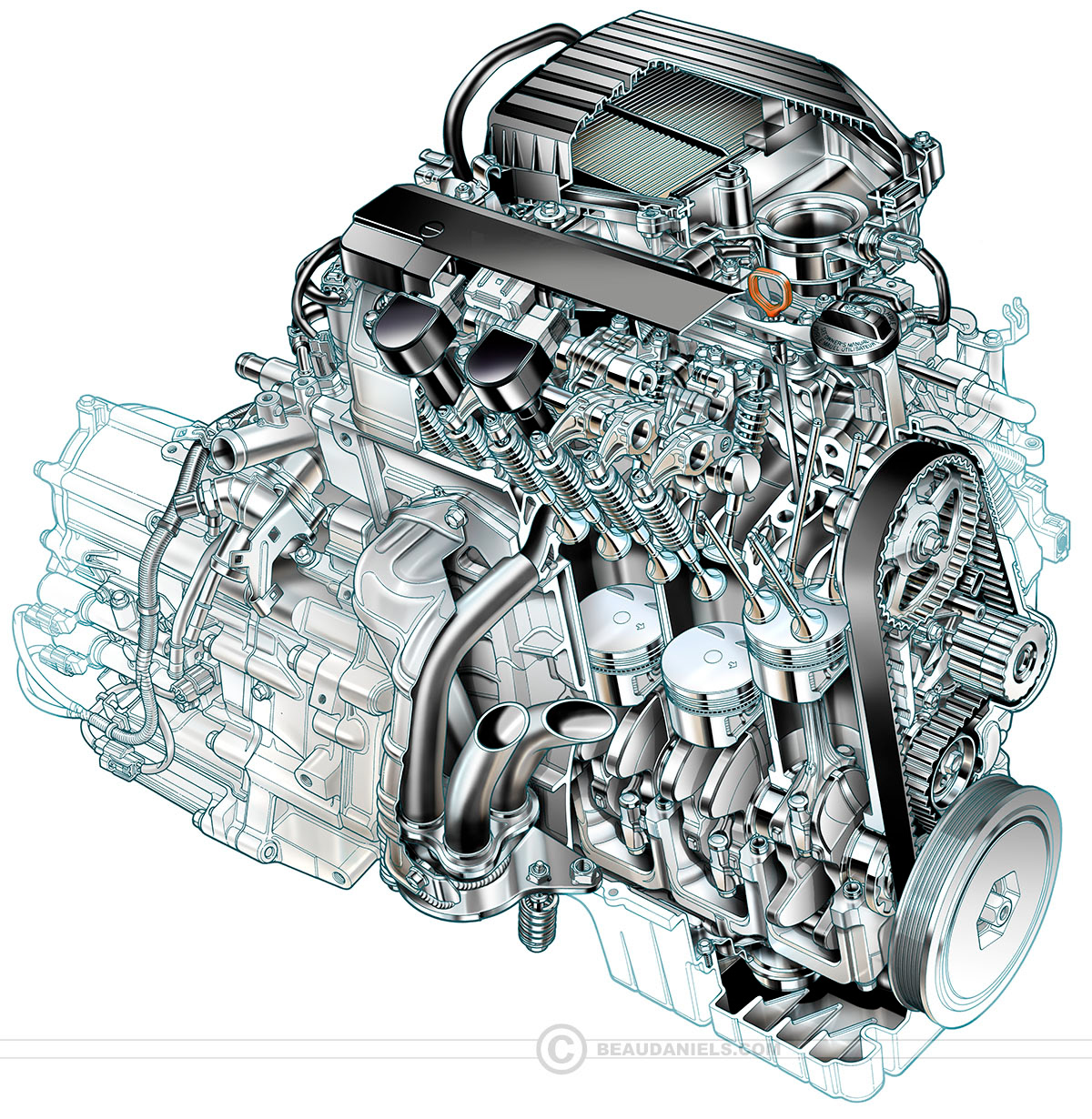 Line art to realistic generic car 4 cylinder engine.