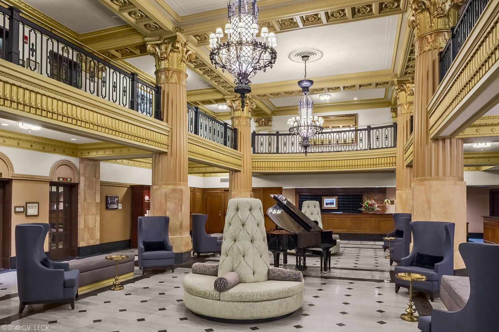hotel photographer D'Arcy Leck photographs the lobby of the Hilton President Kansas City hotel