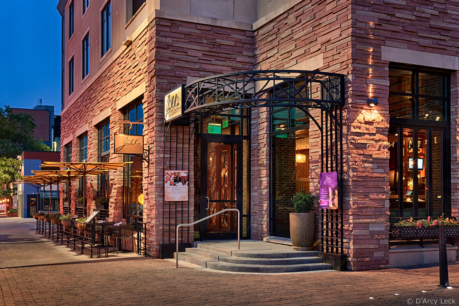 hospitality photography of the St Julien Hotel - Jill's restaurant exterior at dusk