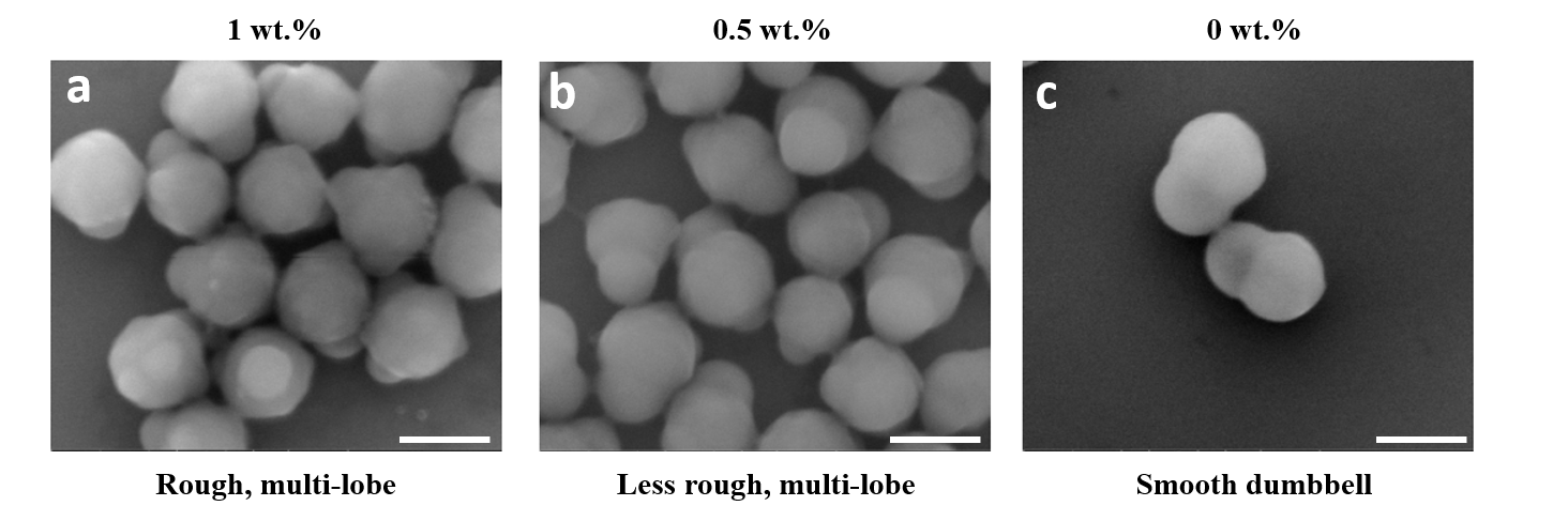 Different particle morphologies (multi-lobe and single protrusion) formed by adding different crosslinker amount in the second polymerization: a) 1wt.%; b) 0.5 wt.%, c) 0 wt.%. Scale bar: 500nm