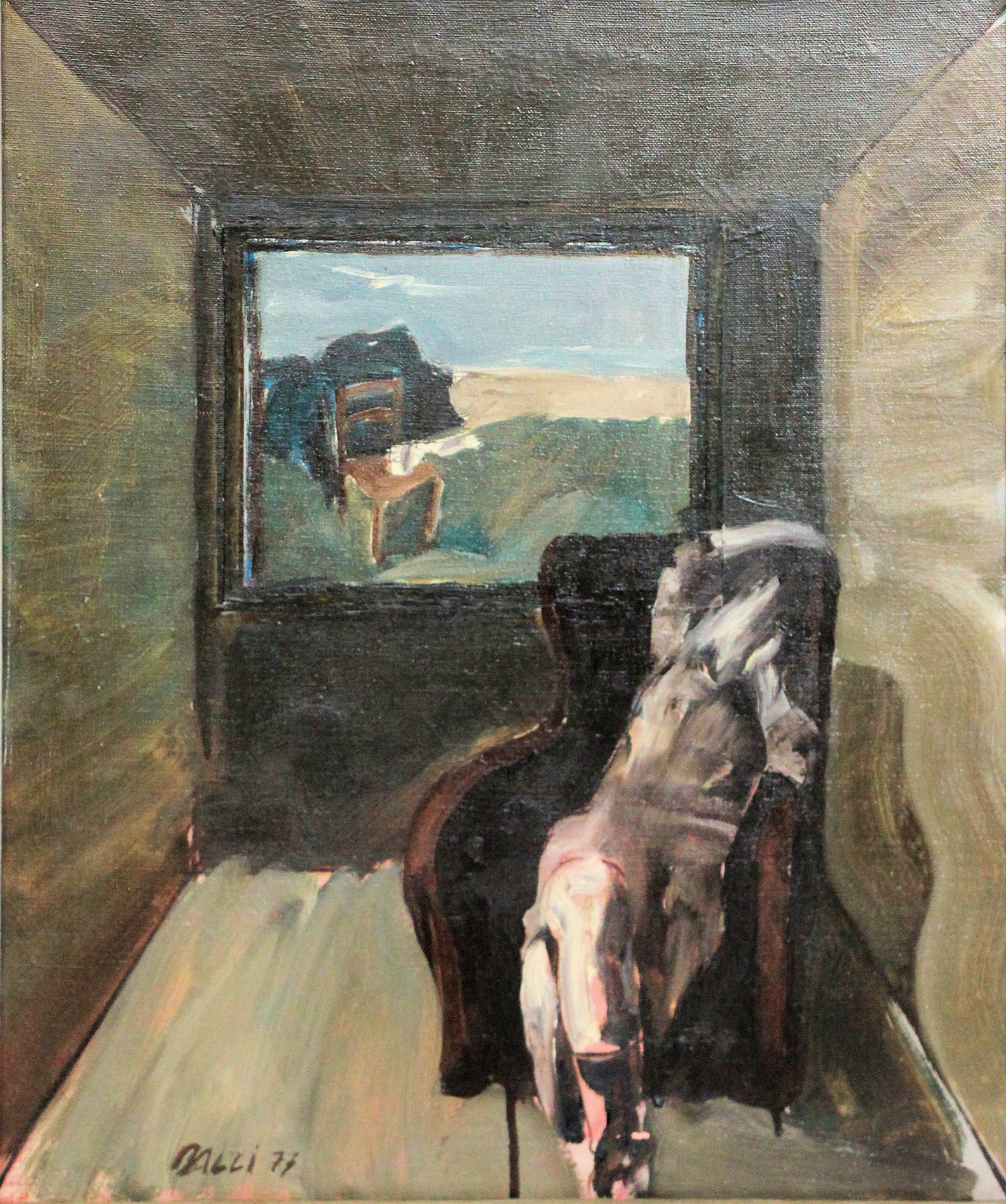 n.121 " Woman Sitting with Landscape"  Oil on canvas. Year: 1973. 50 x 59cm