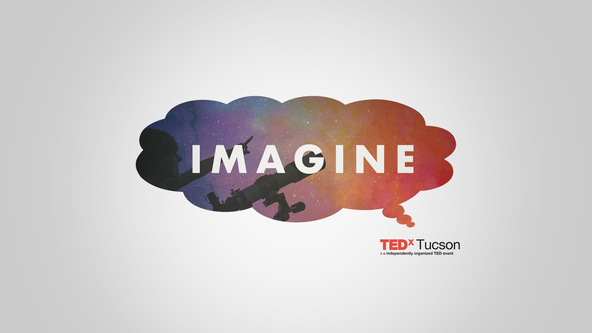 Tucson logo design for TEDx Tucson's 2017 Annual Conference "Imagine" featuring a thought bubble with a family using a telescope and pointing up at the stars