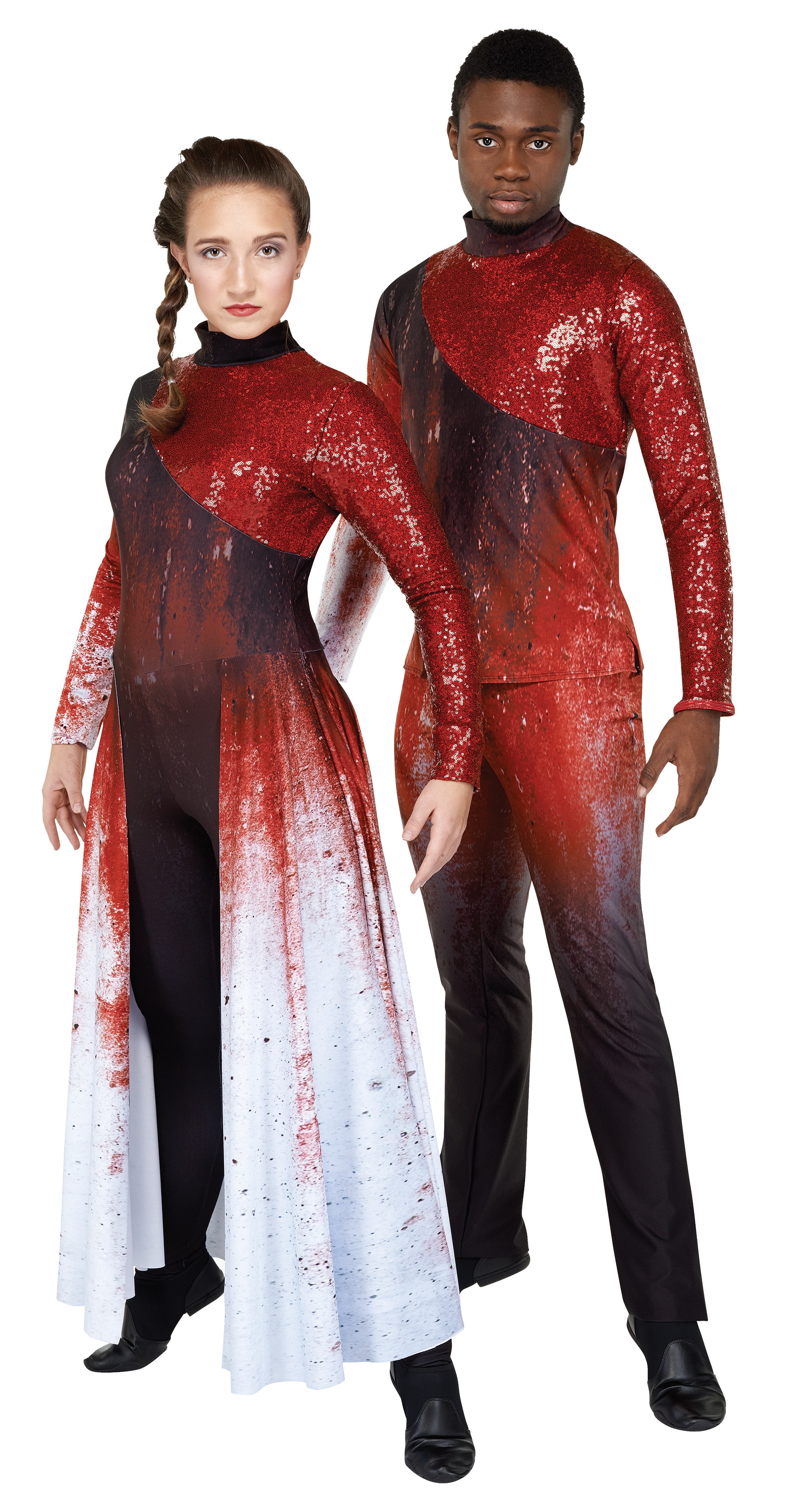 unitard, 2 sleeves, legging, long open front skirt. red twinkle hybrid