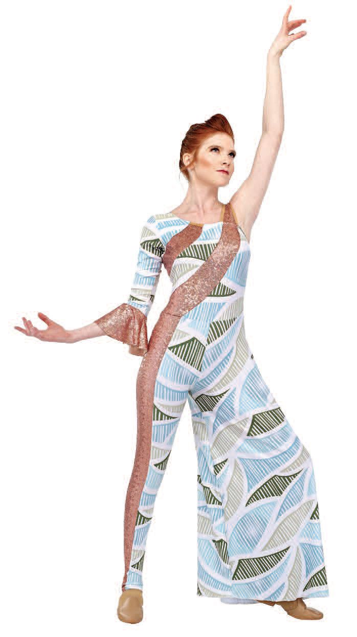 Contour Unitard with Single 3/4 Ruffle Sleeve, rose gold twinkle