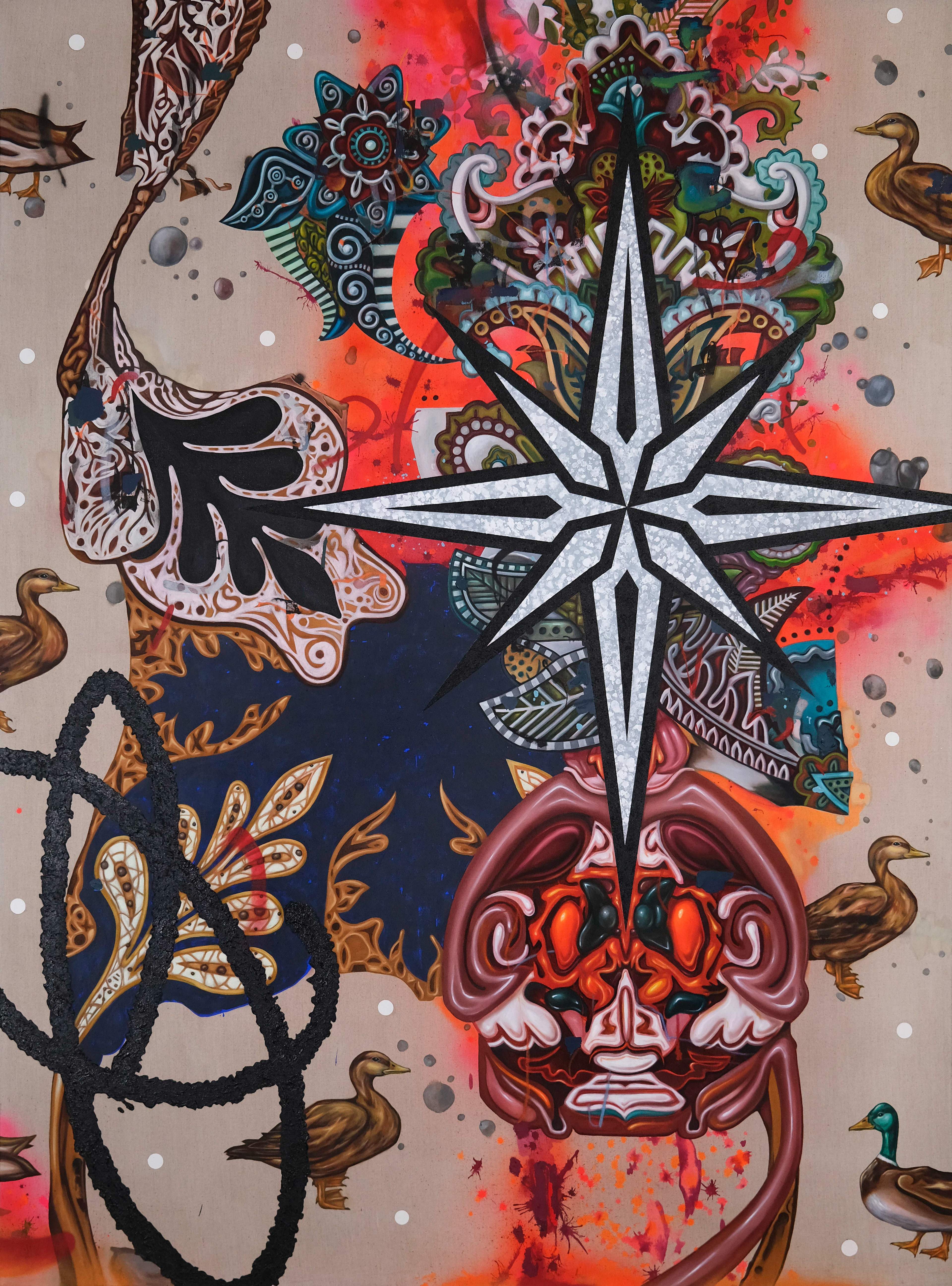 Bound to Form and Tethered to a Flock, 2021 Mixed media on linen, 80” x 108”